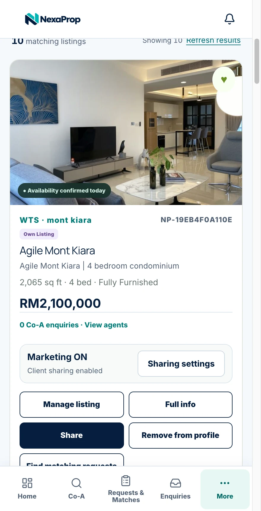 Actual mobile listing management screen featuring Agile Mont Kiara demo listings.