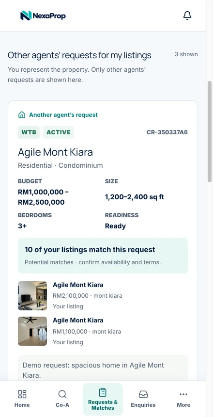 Actual Nexaprop For my listings view showing three matching requests from demo co-agent Michael Lau.