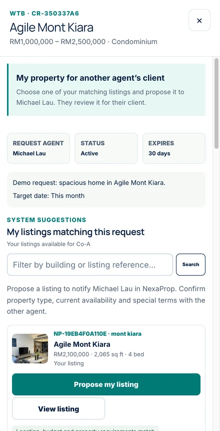 Actual Nexaprop matching-listings screen with the Propose my listing action for a demo request for Agile Mont Kiara.
