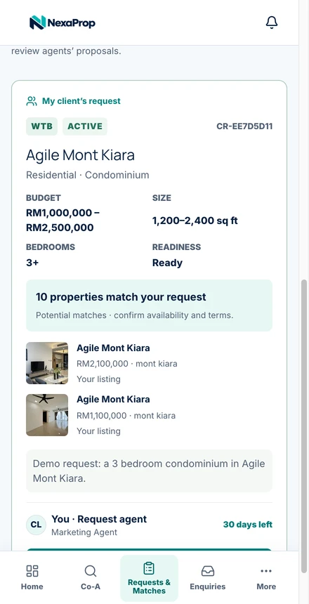Actual Nexaprop request screen showing 10 properties matching the demo request for Agile Mont Kiara.