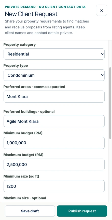 Actual Nexaprop New Client Request form, filled with demo requirements for Agile Mont Kiara and a Publish request button.