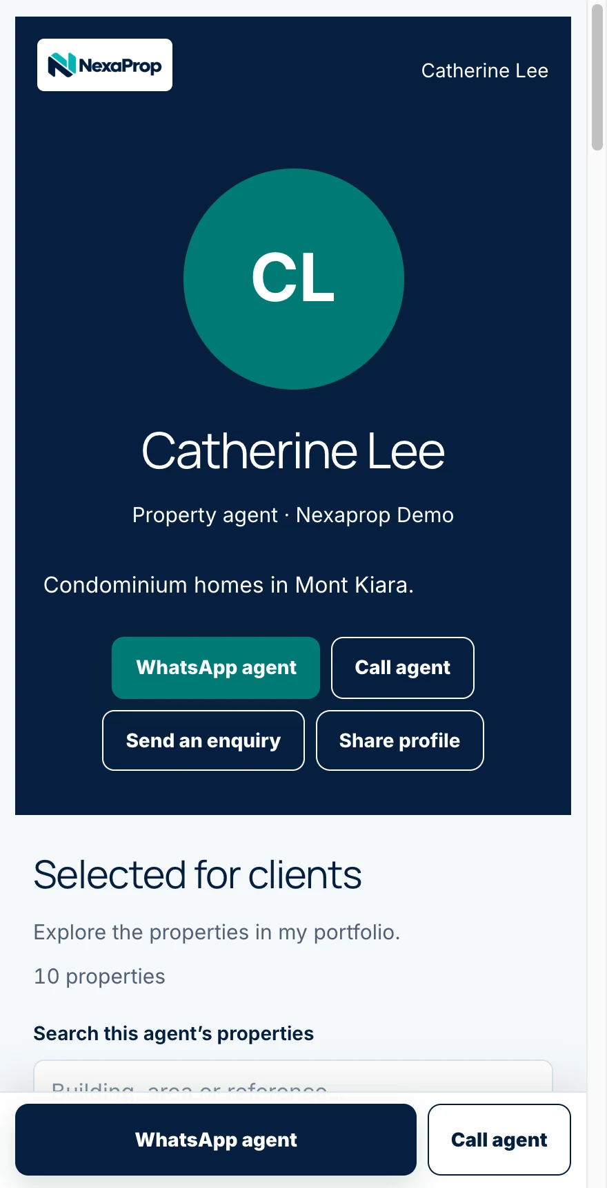 Actual Nexaprop mobile profile for demo agent Catherine Lee.